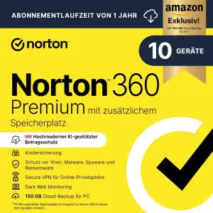 Norton 360 Premium mit extragroßer Backup-Kapazität – Amazon Exklusiv* 75GB zusätzlicher Cloud-Backup Speicher. Antivirus Software für 10 Geräte und einem Jahr Laufzeit