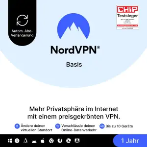 NordVPN Basis, 10 Geräte, 1 Jahr, Premium-VPN-Software, Amazon Abonnements