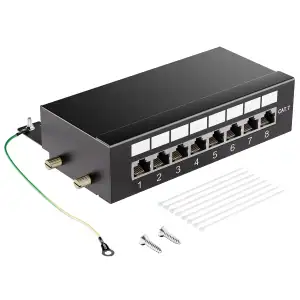 Geschirmtes 8 Port CAT7 Patchpanel Verteilerfeld, 10Gbps, Vergoldete Patch Panel für Cat7/6A/6 Verlegekabel, Metallgehäuse mit Erdung für Wandmontage und Heimvernetzung
