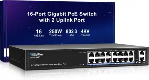 18 Port Gigabit PoE Switch with 16 Port PoE+ 1000Mbps, 2x1000Mbps Uplink, GiGaPl