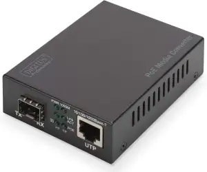 DIGITUS Medienkonverter - SFP Port - Gbit Ethernet - RJ45 / SFP 1000Base-LX - Mit PoE-Injektor - Schwarz