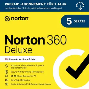 Norton 360 Deluxe 2026 | 5 Geräte | 1-Jahres Abonnement mit automatischer Verlängerung | Aktivierungscode per Email