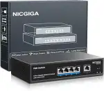 4-Port Gigabit PoE Switch Unmanaged mit 4 Port IEEE802.3af/at PoE @78W, 1 x 1000Mbps Uplink, NICGIGA 5-Port Network Power Over Ethernet Switch, VLAN-Modus, Desktop-/Wandmontage.