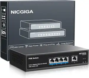 4-Port Gigabit PoE Switch Unmanaged mit 4 Port IEEE802.3af/at PoE @78W, 1 x 1000Mbps Uplink, NICGIGA 5-Port Network Power Over Ethernet Switch, VLAN-Modus, Desktop-/Wandmontage.