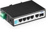 YuLinca 6 Port Gigabit Industrial DIN-Rail Switch, 4 x 100/1000Mbps Ports, 1 Gigabit Uplink und 1 Gigabit SFP, Metall Din Rail & Wandmontage Ethernet Switch