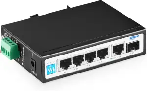 YuLinca 6 Port Gigabit Industrial DIN-Rail Switch, 4 x 100/1000Mbps Ports, 1 Gigabit Uplink und 1 Gigabit SFP, Metall Din Rail & Wandmontage Ethernet Switch