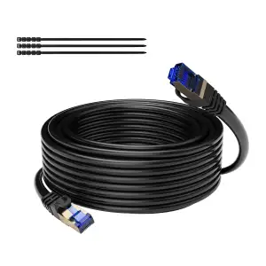 25M CAT 7 wasserdichtes RJ45 Ethernet Netzwerkkabel für den Außenbereich,direkt verlegbar,10 Gigabit Ethernet,SFTP,LAN und Patchkabel–Schwarz,25 mt mit 15 Kabelbindern
