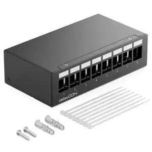 deleyCON 8 Port Patchpanel Gehäuse 1 HE für 14,9 mm x 17 mm Keystone Module mit z.B. RJ45 Koaxialstecker BNC F-Stecker Antennenstecker RJ-11 Cinch Klinke USB Toslink PS2 HDMI - Schwarz