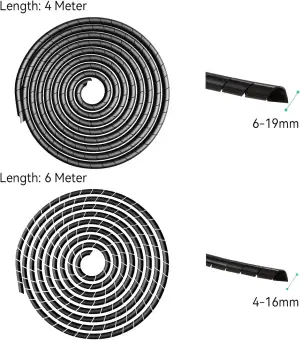 AGPTEK Kabelschlauch, Kabelschutzschlauch 4-16mm (6m), 6-19mm (4m), Organizer Kabelkanal, Kabelhülle Schutz, Flexible Kabelsalat insgesamt 10m, Schwarz