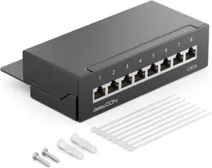 deleyCON CAT 6 Patchpanel Verteilerfeld 8 Port - Desktop & Wandmontage - Geschirmt - 8x RJ45 Buchse - TIA568A TIA568B Schwarz