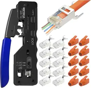 VCELINK Crimpzange RJ45 Presszange für RJ45 Stecker mit 10 x Cat 7 Cat6A Lan Stecker Pass Through RJ45 Netzwerkstecker GJ671BL