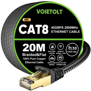 Cat 8 Lan Kabel 20M, 40Gbps/2000Mhz Flaches Geflecht Netzwerkkabel Ethernet Kabe