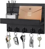 Schlüsselbrett mit Ablage, Dekoratives Holz Wandregal, Schlüsselbrett Holz Schwarz, mit 5 Schlüss...