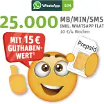 WhatsApp SIM Prepaid - Starterpaket mit 15 EUR Guthabenwert, ohne Vertragsbindung, Option mit 25.000 Einheiten (MB/MIN/SMS), Surf-Geschwindigkeit: 50 MBit/s 5G