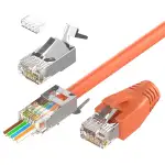 VCELINK 10 Gbit/s RJ45 Stecker, Cat7 Cat6A Pass Through Netzwerkstecker für Verlegekabel geschirmt mit Einfädelhilfe und Knickschutz, Switch/TV/PS4/Modem/Router/PC, orange
