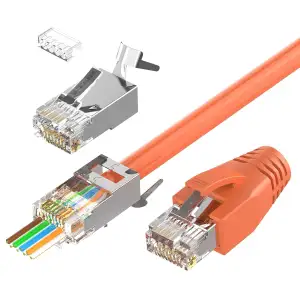 VCELINK 10 Gbit/s RJ45 Stecker, Cat7 Cat6A Pass Through Netzwerkstecker für Verlegekabel geschirmt mit Einfädelhilfe und Knickschutz, Switch/TV/PS4/Modem/Router/PC, orange