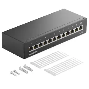 deleyCON CAT 6 Patchpanel Verteilerfeld 12 Port 1 HE Desktop & Wandmontage Geschirmt 12x RJ45 Buchse LAN Netzwerk Verlegekabel TIA568A TIA568B RAL 9005 Schwarz
