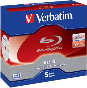 Verbatim BD-RE Single Layer Blu-ray Rohlinge 25 GB Blu-ray-Disc mit 2-facher Schreibgeschwindigkeit mit Kratzschutz 5er-Pack Jewel Case Blu-ray-Disks für Video- und Audiodateien 43615