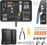 FGB Netzwerk Werkzeug Set, Pass Through RJ45 Crimpzange für Cat7 Cat6 Cat5 mit 4 x Netzwerkstecker Cat7 Werkzeuglos, 10 x RJ45 Stecker, LSA Auflegewerkzeug, Netzwerktester für RJ45, RJ11, RJ12 Kabel